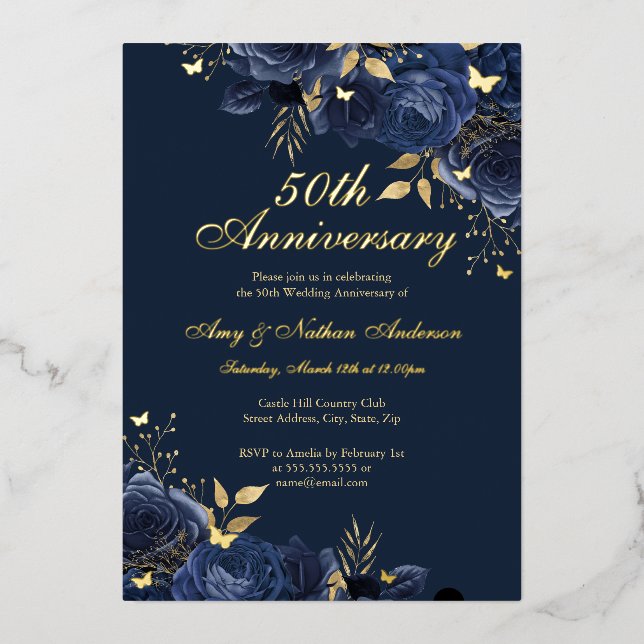 Floral Navy Gold 50th Wedding Anniversary (Front)