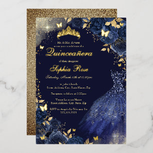 Floral Navy Gold Butterfly Dress Quinceanera