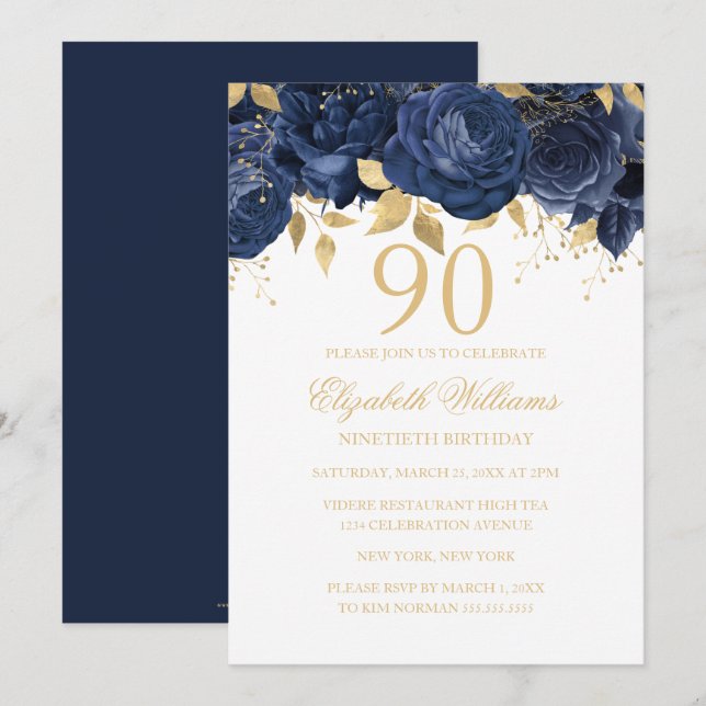 Floral Navy Gold Rose 90th Birthday Invitation (Front/Back)