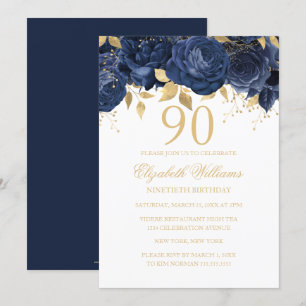 Floral Navy Gold Rose 90th Birthday Invitation