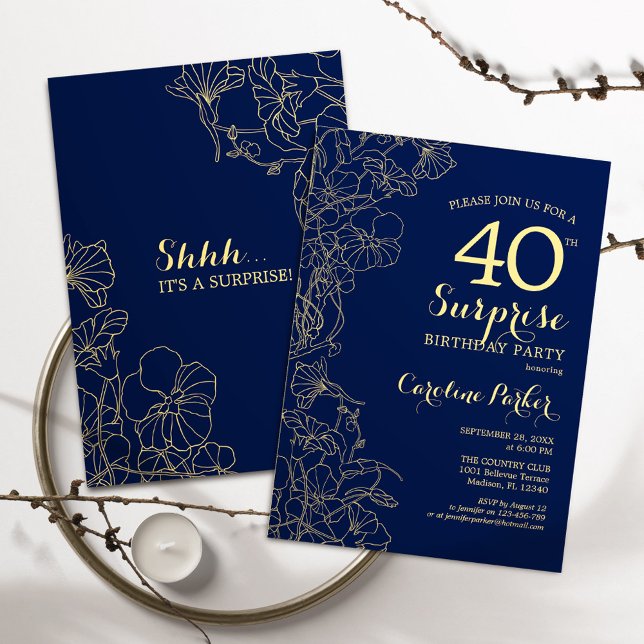 Floral Navy Gold Surprise 40th Birthday Party Invitation (Creator Uploaded)