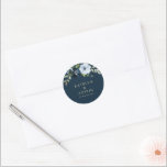floral navy & gold wedding classic round sticker<br><div class="desc">navy and light blue floral wedding sticker. The text details and colours can be edited.</div>