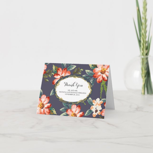 floral navy -gold wedding thank you (Front)