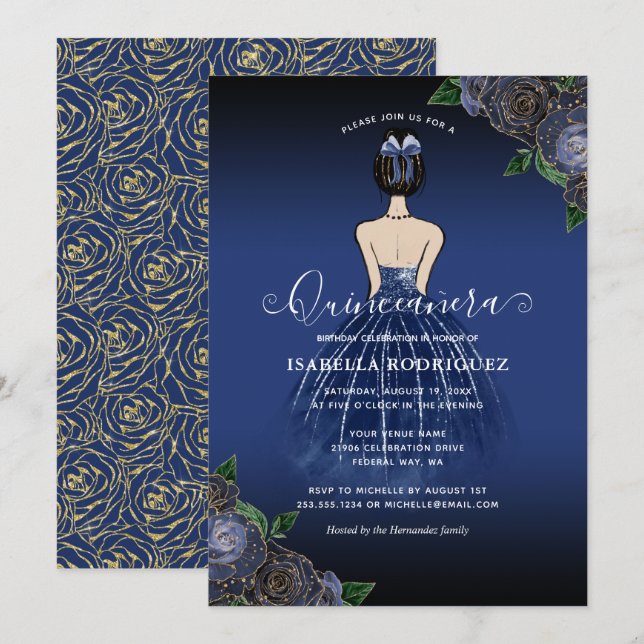 Floral Navy Princess Gold Birthday Quinceañera Invitation (Front/Back)