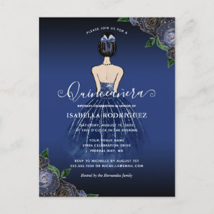 Floral Navy Princess Gold Birthday Quinceañera Postcard