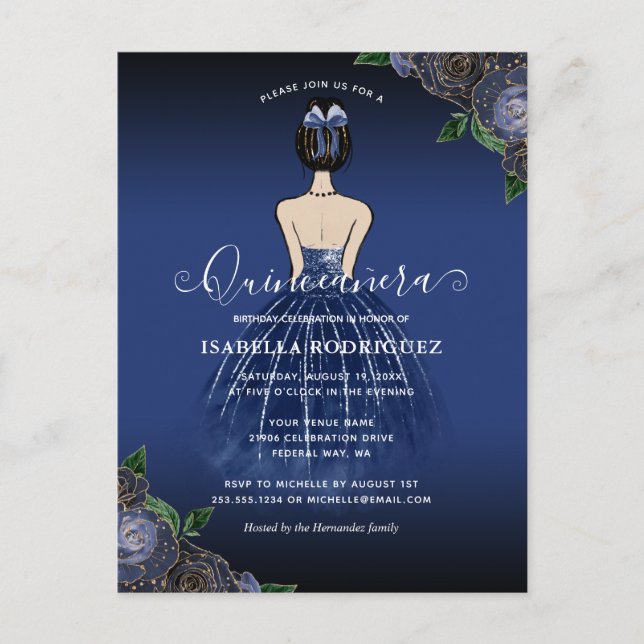Floral Navy Princess Gold Birthday Quinceañera Postcard (Front)
