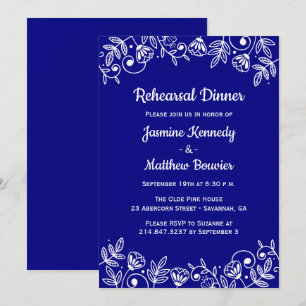 Floral Navy Rehearsal Dinner Wedding Flowers Blue Invitation