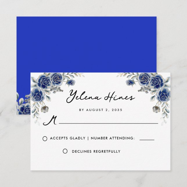 Floral Navy Rose Adorned Golden Quinceanera RSVP Thank You Card (Front/Back)