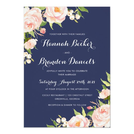 Floral Navy Rose Elegant Wedding Invitation
