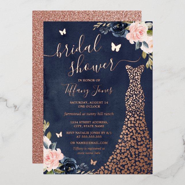 Floral Navy Rose Gold Dress Bridal Shower  (Front/Back)