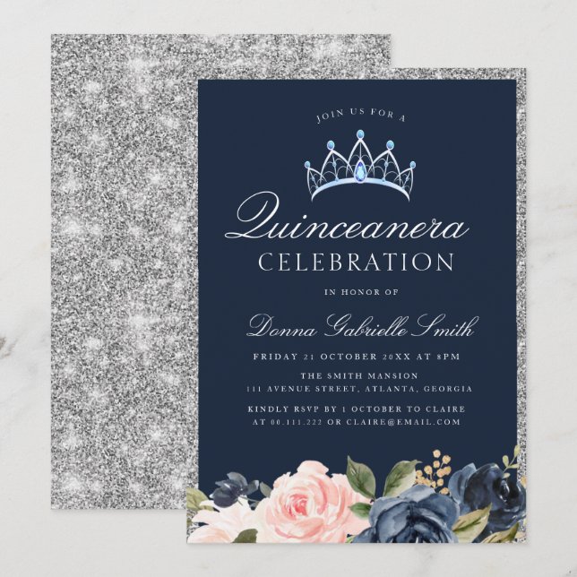 Floral Navy & silver quinceanera invitation (Front/Back)