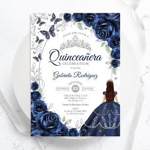 Floral Navy Silver Quinceanera Invitation