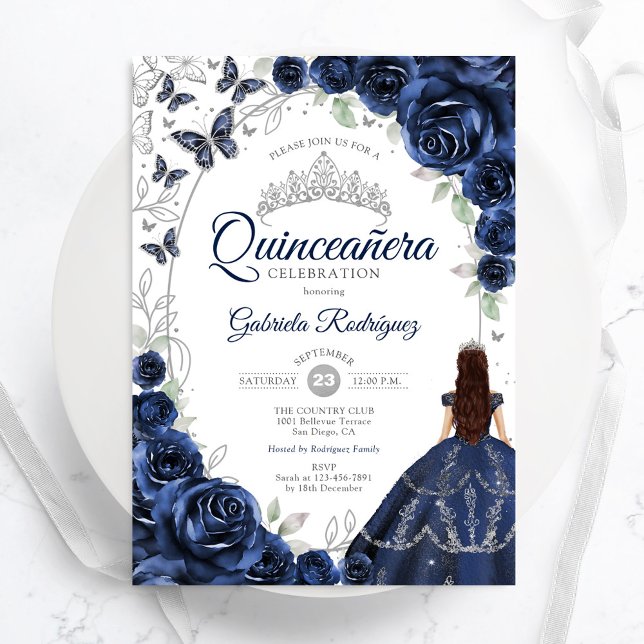 Floral Navy Silver Quinceanera Invitation (Creator Uploaded)