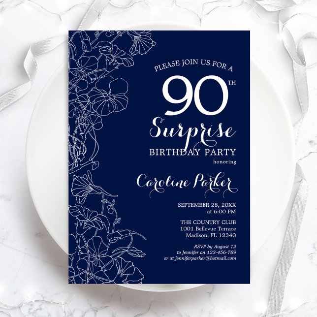 Floral Navy White Surprise 90th Birthday Party Invitation (Creator Uploaded)