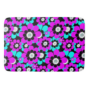 Floral Neon Pattern Purple and Turquoise Flowers Bath Mat