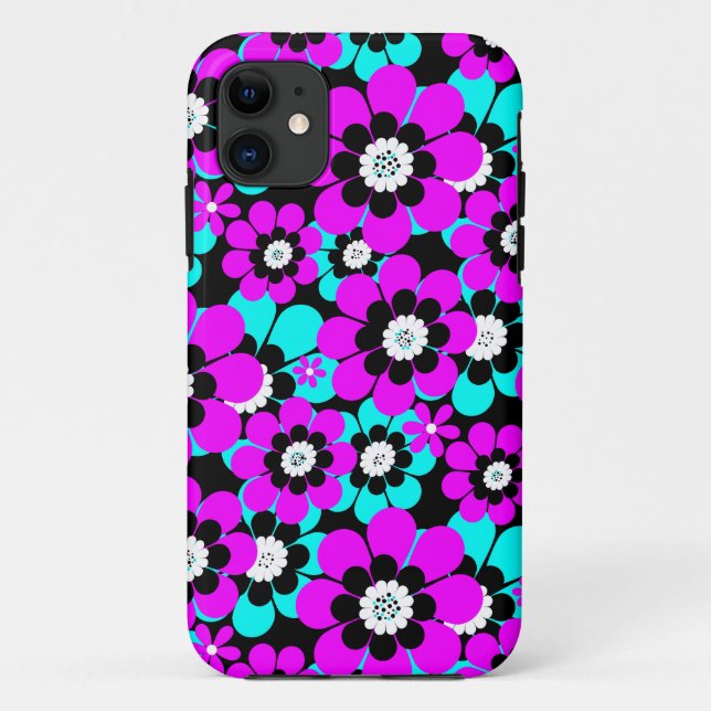Floral Neon Pattern Purple and Turquoise Flowers  Case-Mate iPhone Case (Back)