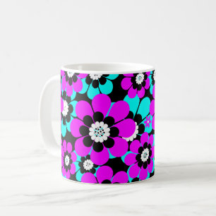 Floral Neon Pattern Purple and Turquoise Flowers Coffee Mug