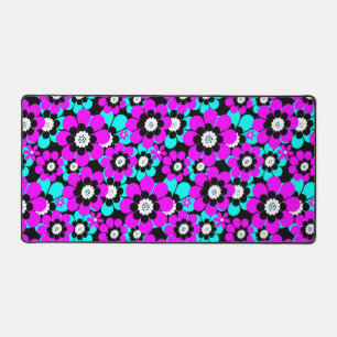 Floral Neon Pattern Purple and Turquoise Flowers Desk Mat
