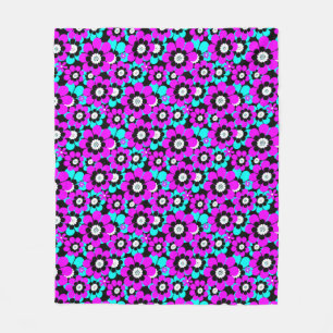 Floral Neon Pattern Purple and Turquoise Flowers  Fleece Blanket