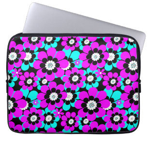 Floral Neon Pattern Purple and Turquoise Flowers Laptop Sleeve