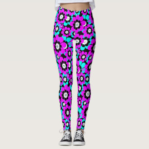 Floral Neon Pattern Purple and Turquoise Flowers Leggings