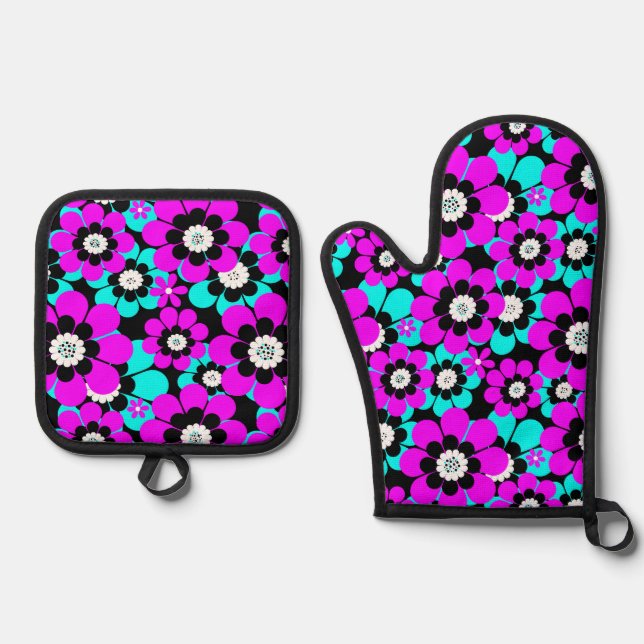 Floral Neon Pattern Purple and Turquoise Flowers  Oven Mitt & Pot Holder Set (Front)