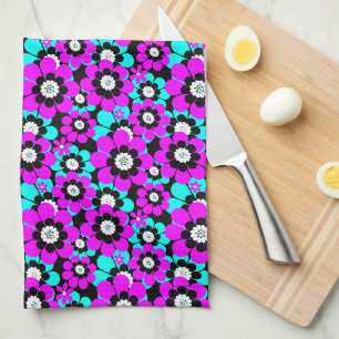 Floral Neon Pattern Purple and Turquoise Flowers Tea Towel