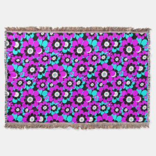 Floral Neon Pattern Purple and Turquoise Flowers Throw Blanket