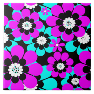 Floral Neon Pattern Purple and Turquoise Flowers Tile