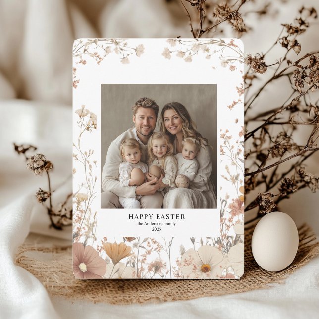Floral Neutral Frame Family Photo & Name Easter  Invitation (Creator Uploaded)