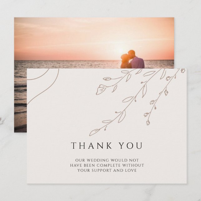 Floral Neutral Wedding Thank You Card with Photo (Front/Back)
