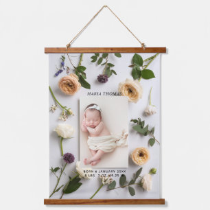 Floral New Baby Name Birth Stats Photo Hanging Tapestry