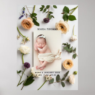 Floral New Baby Name Birth Stats Photo  Poster