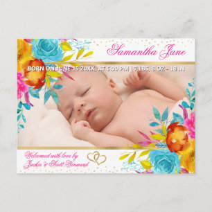Floral Newborn Baby Photo Birth Announcement Postcard