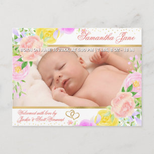 Floral Newborn Baby Photo Birth Announcement Postcard