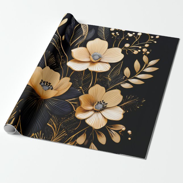Floral Night: Black & Gold Patterns Wrapping Paper (Unrolled)
