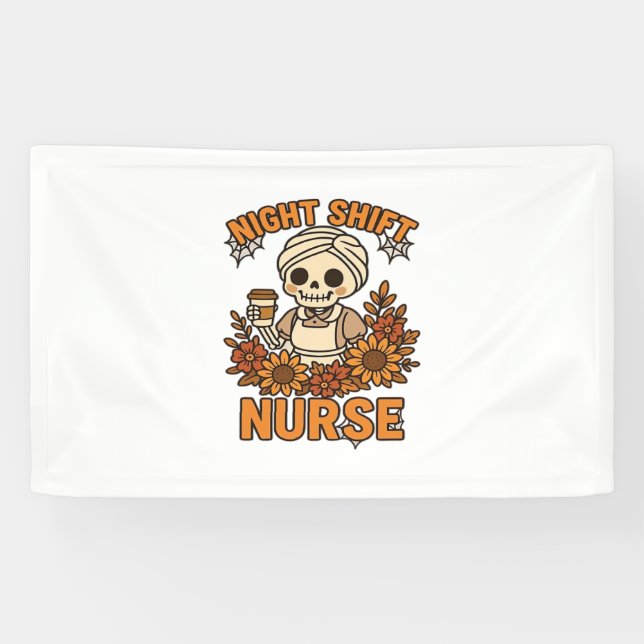 Floral Night Shift Nurse Skeleton Halloween RN Nur Banner (Horizontal)