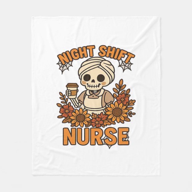 Floral Night Shift Nurse Skeleton Halloween RN Nur Fleece Blanket (Front)
