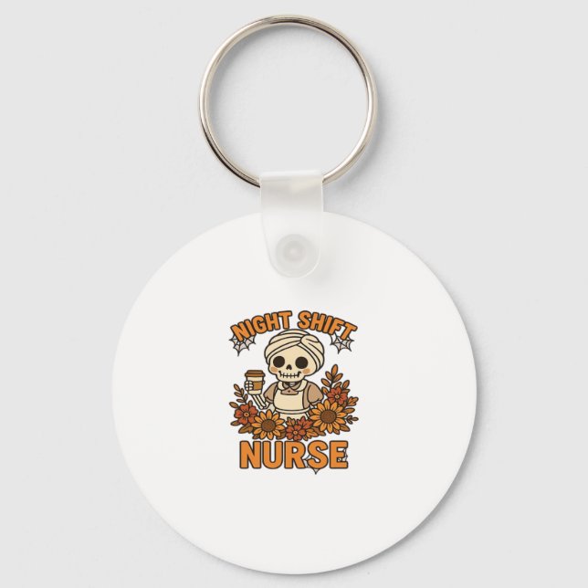 Floral Night Shift Nurse Skeleton Halloween RN Nur Key Ring (Front)