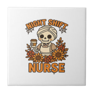 Floral Night Shift Nurse Skeleton Halloween RN Nur Tile