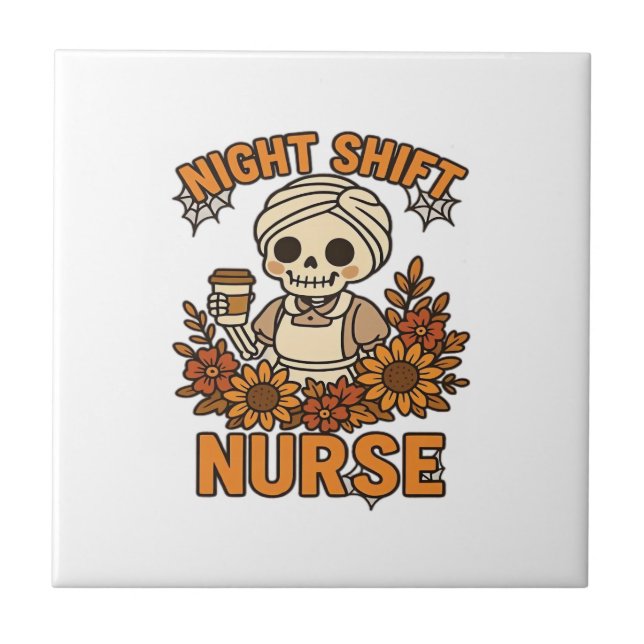 Floral Night Shift Nurse Skeleton Halloween RN Nur Tile (Front)
