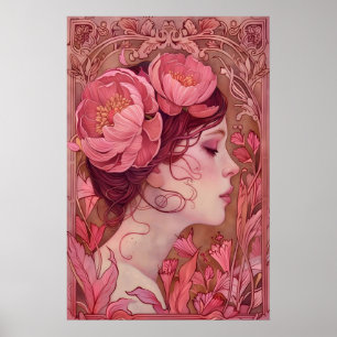 Floral Nouveau Art Print Pink Flower Girl Portrait