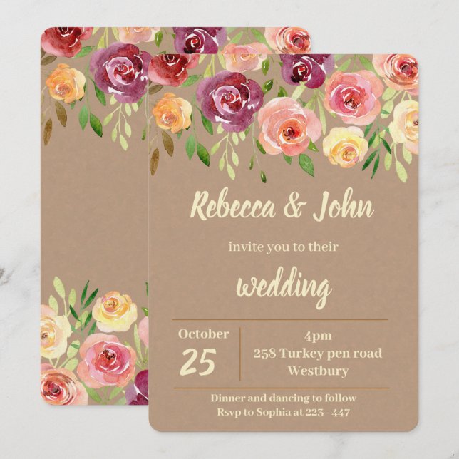 Floral Nude Watercolor wedding invitation (Front/Back)