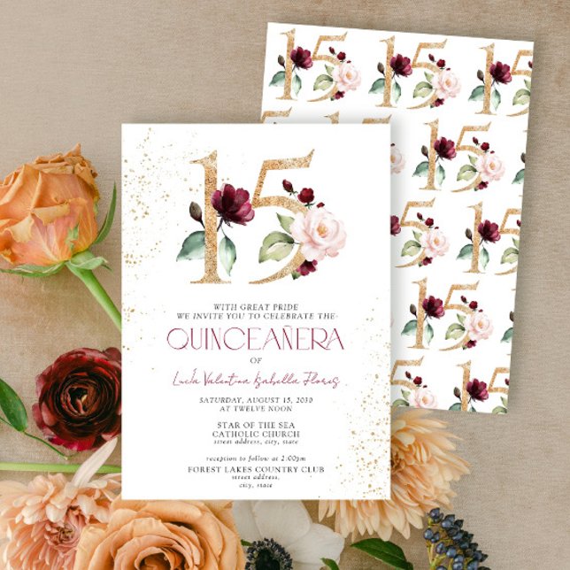 Floral Number 15 Burgundy Gold Quinceañera Invitation (Creator Uploaded)