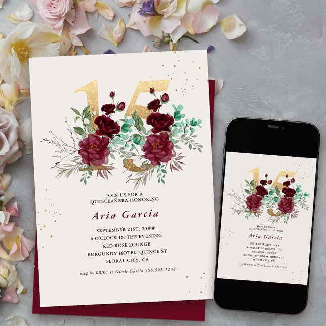 Floral Number 15 Burgundy Red and Gold Quinceanera Invitation (Elegant floral 15th birthday invitation in burgundy red and gold from my Royal Rose collection)