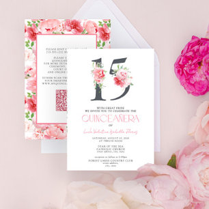 Floral Number 15 Pink Elegant QR Quinceañera Invitation