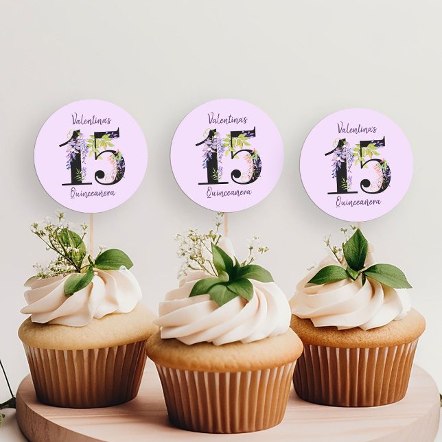 Floral Number 15 Purple Wisteria Quinceanera Classic Round Sticker (15th Birthday Stickers from my Purple Wisteria Quinceanera Collection)