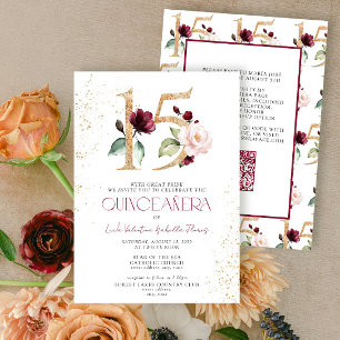 Floral Number 15 QR Burgundy Gold Quinceañera  Invitation