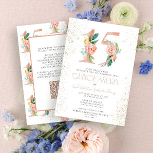 Floral Number 15 QR Pink Rose Gold Quinceañera Invitation