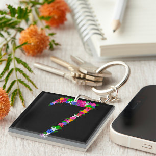 Floral Number Seven Botanical Flower Design Key Ring
